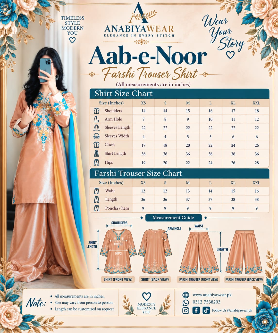 Aab-e-Noor shirt and Farshi shalwar size chart with detailed measurements by Anabiyawear