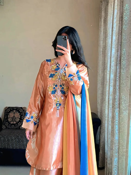 Aab-e-Noor peach Katan silk shirt featuring multicolor hand embellishment with chiffon dupatta