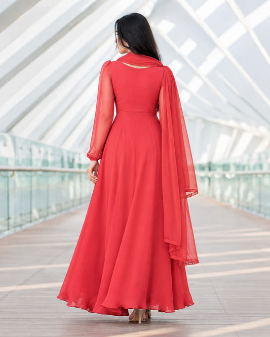 Charag Red Chiffon 2 Piece Frock with Katan Silk Lining