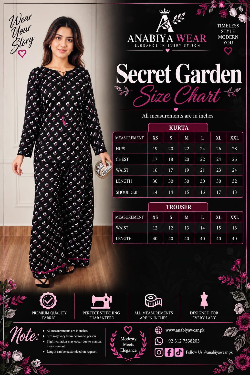 Secret Garden lawn 2 piece suit size chart with XS to XXL measurements