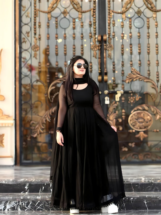 Anarkali black box pleat frock front view with chiffon dupatta