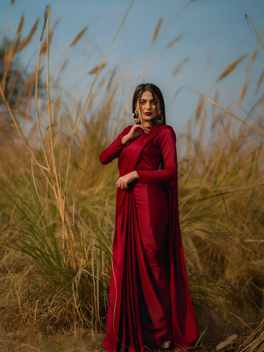 Anchal cherry red silk saree front pose showing stitched pleats and pallu