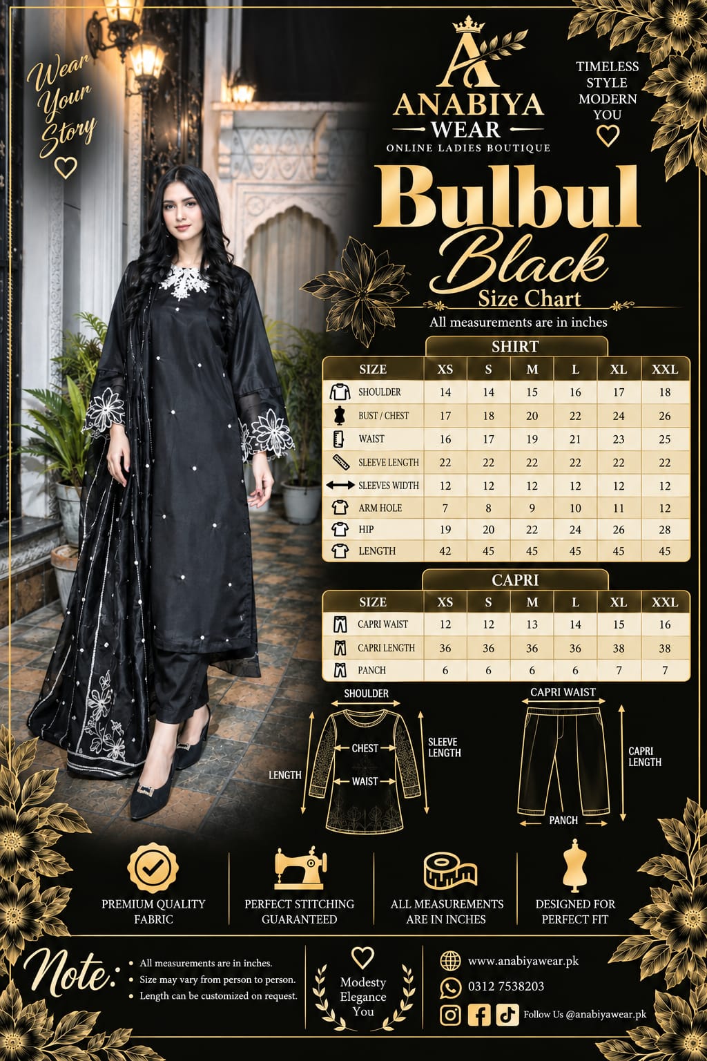 Bulbul Black Katan silk 3 piece size guide with shirt, trouser and sleeve measurements from XS to XXL