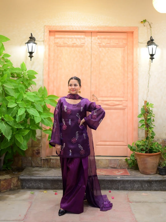 Emerald Noor plum Shisha Silk 3 piece embroidered outfit front view