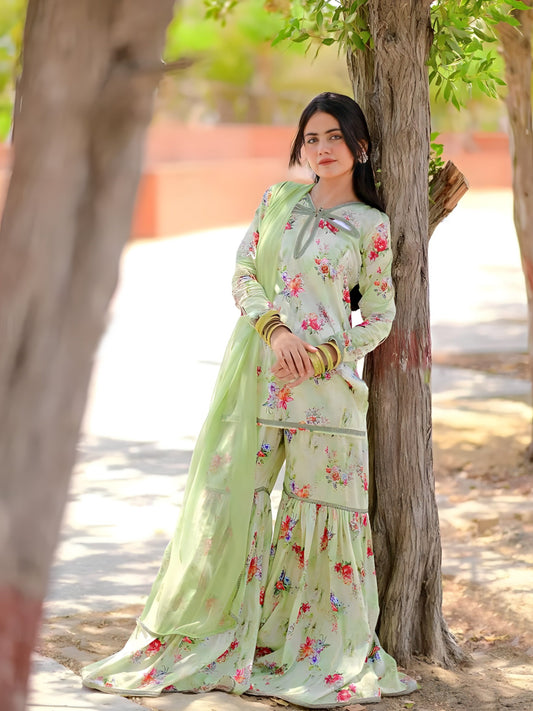 Gul Pista pista floral lawn shirt and sharara, full length pose