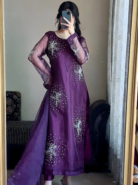 Gulshan purple organza long shirt with embellished organza dupatta draped, full length