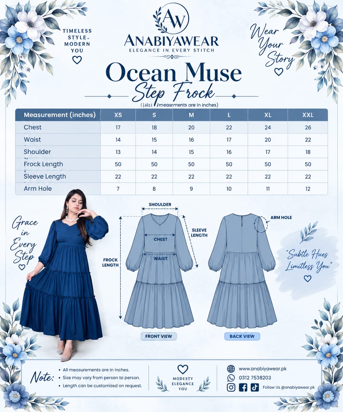 Ocean Muse georgette step frock size chart with measurements