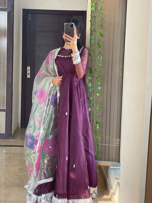 Rangrez Plum organza frock with hand painted floral organza dupatta