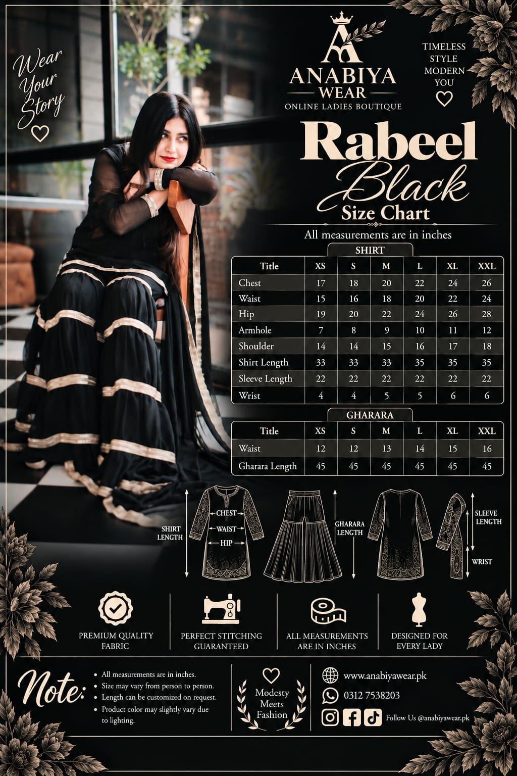 Rebel Black chiffon garara suit size chart with Anabiyawear measurements and product reference image