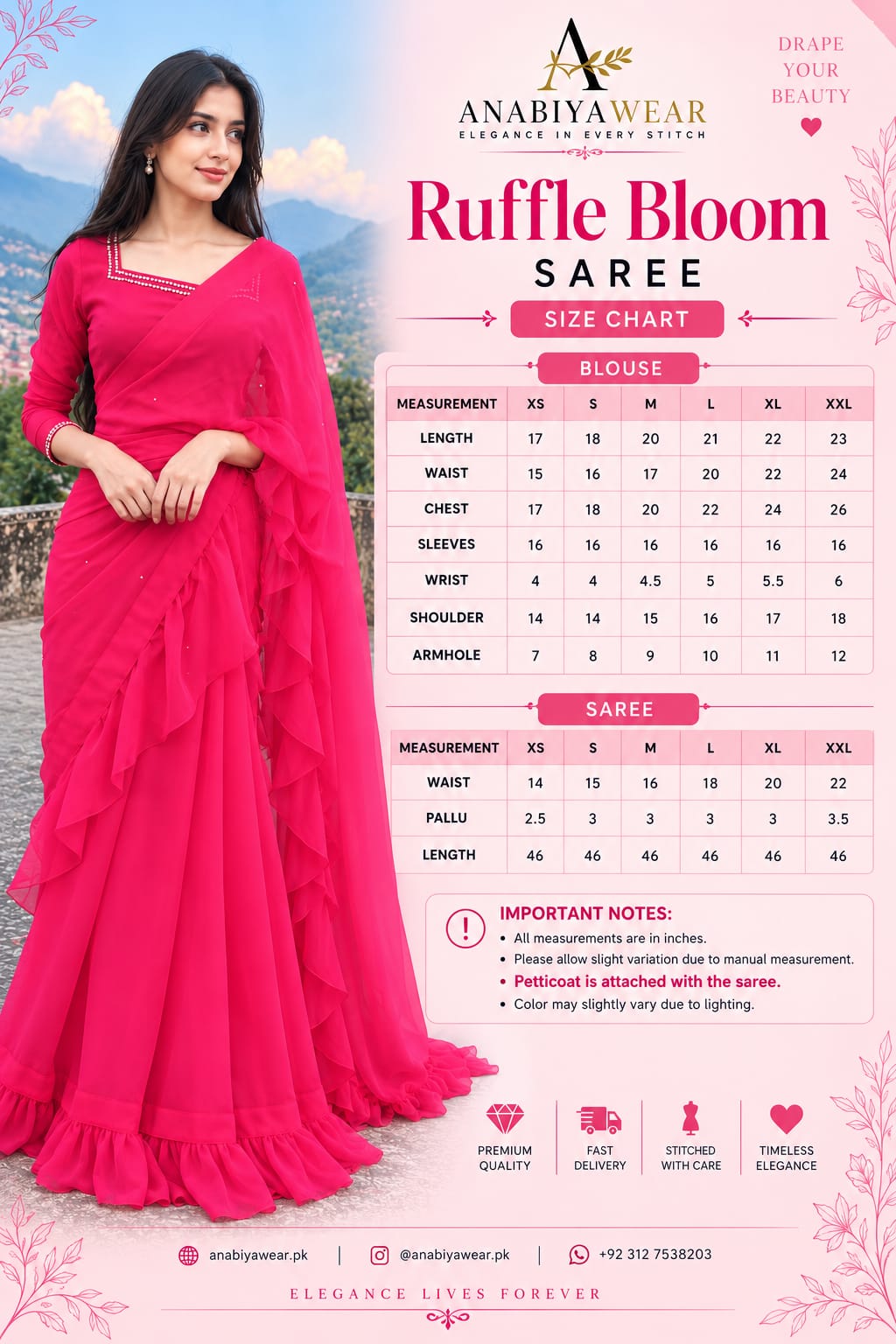 Ruffle Bloom fuchsia chiffon saree size chart with blouse measurements and fitting guide for available sizes