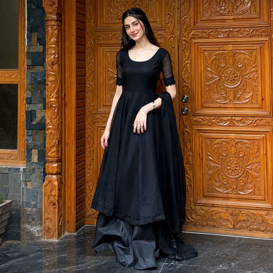 Shab-e-Hussan Black Chiffon 3-Piece Maxi with Gharara
