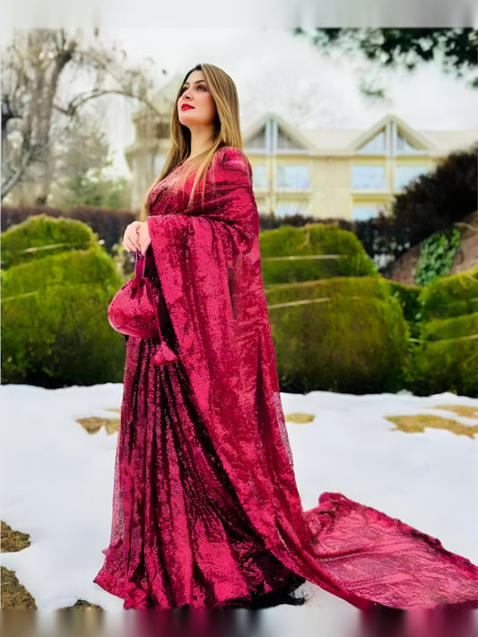 Snowdrop maroon sequin saree full length with pallu trailing on the ground