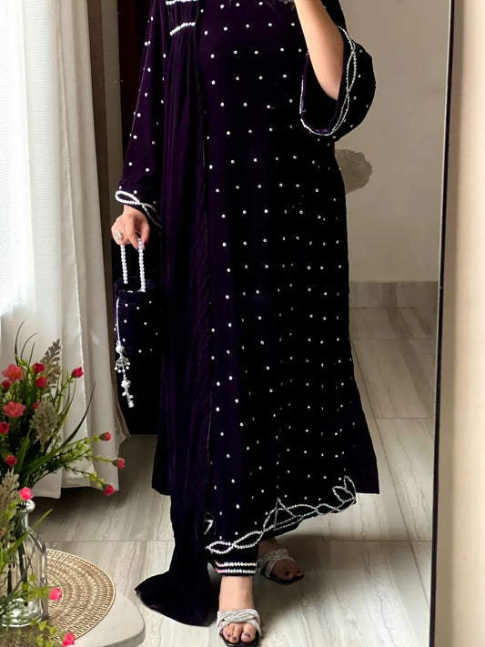 Velvet Gazal Plum 12000 velvet suit showcasing crystal stone accents and detailed finishing along the lower shirt