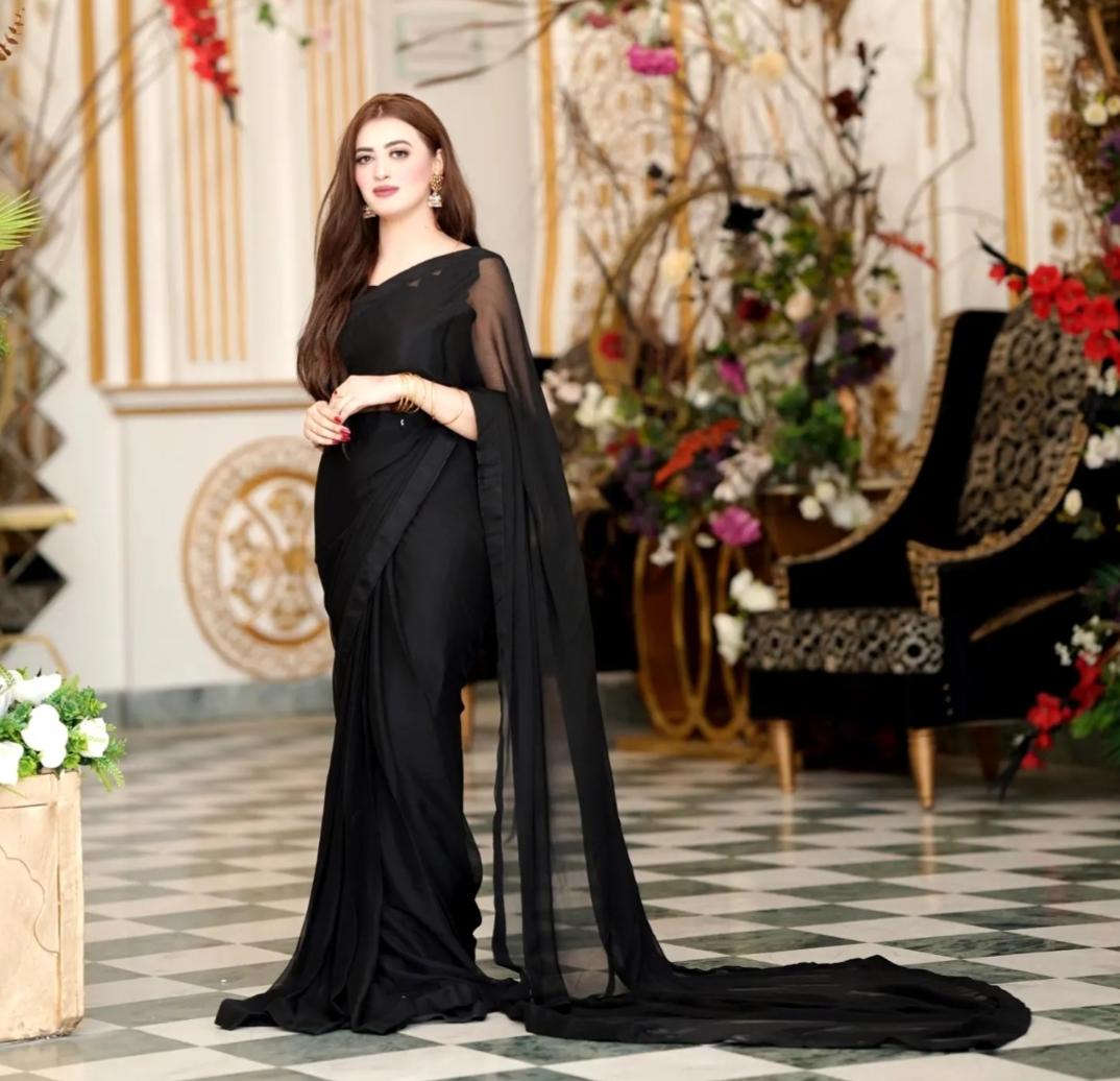 Aina Black Chiffon Saree with Long Pallu and Cutwork Blouse