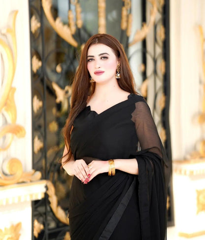 Aina Black Chiffon Saree with Long Pallu and Cutwork Blouse