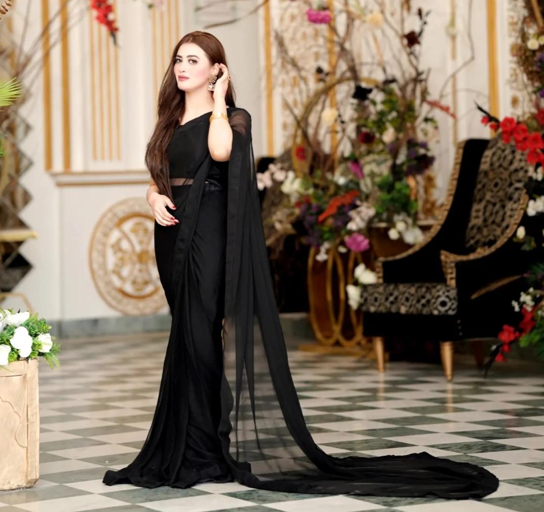 Aina Black Chiffon Saree with Long Pallu and Cutwork Blouse