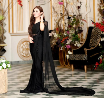 Aina Black Chiffon Saree with Long Pallu and Cutwork Blouse