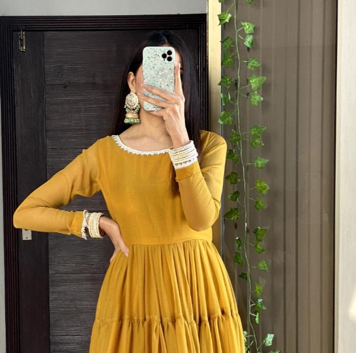 Leela Mustard Chiffon Layered Frock with Dupatta
