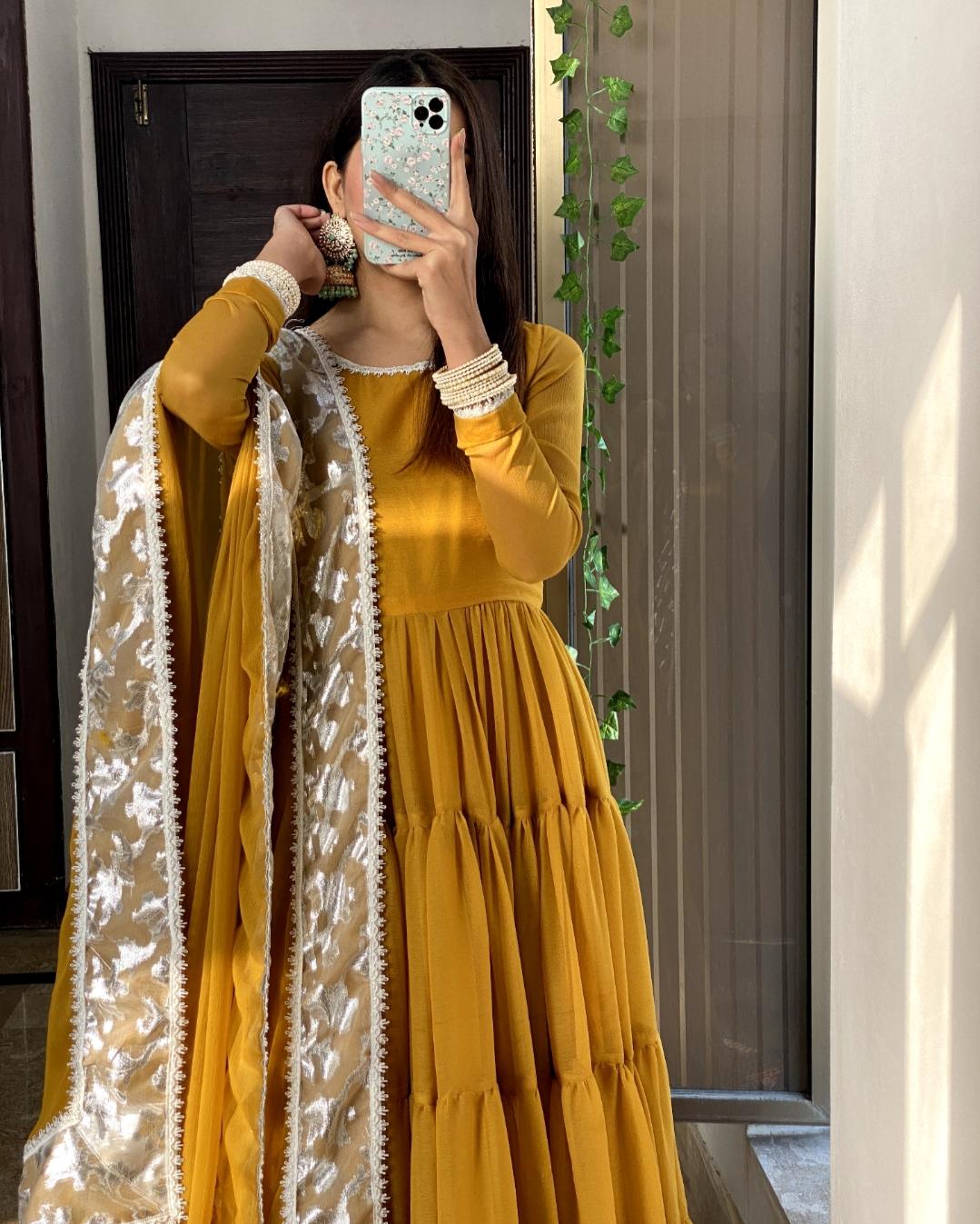 Leela Mustard Chiffon Layered Frock with Dupatta