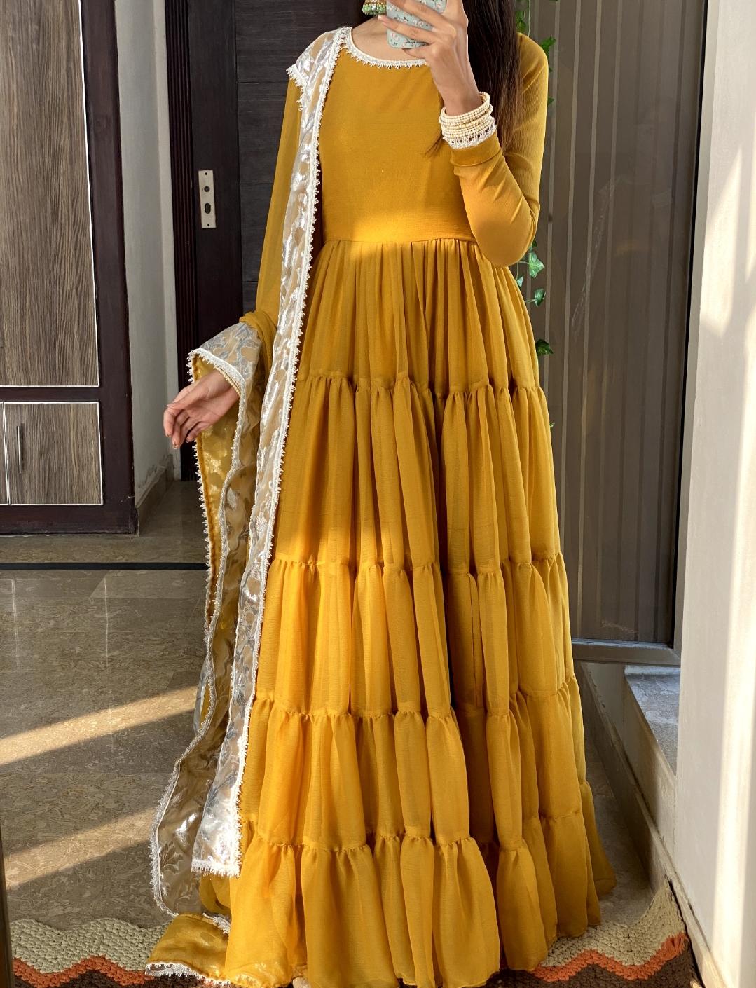 Leela Mustard Chiffon Layered Frock with Dupatta