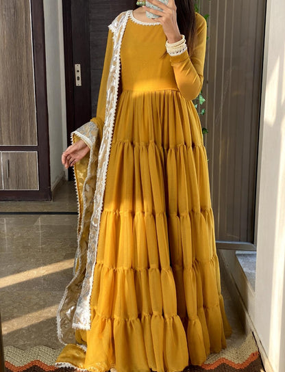 Leela Mustard Chiffon Layered Frock with Dupatta