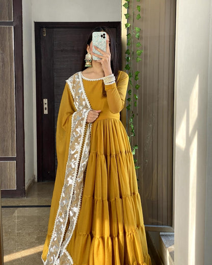 Leela Mustard Chiffon Layered Frock with Dupatta