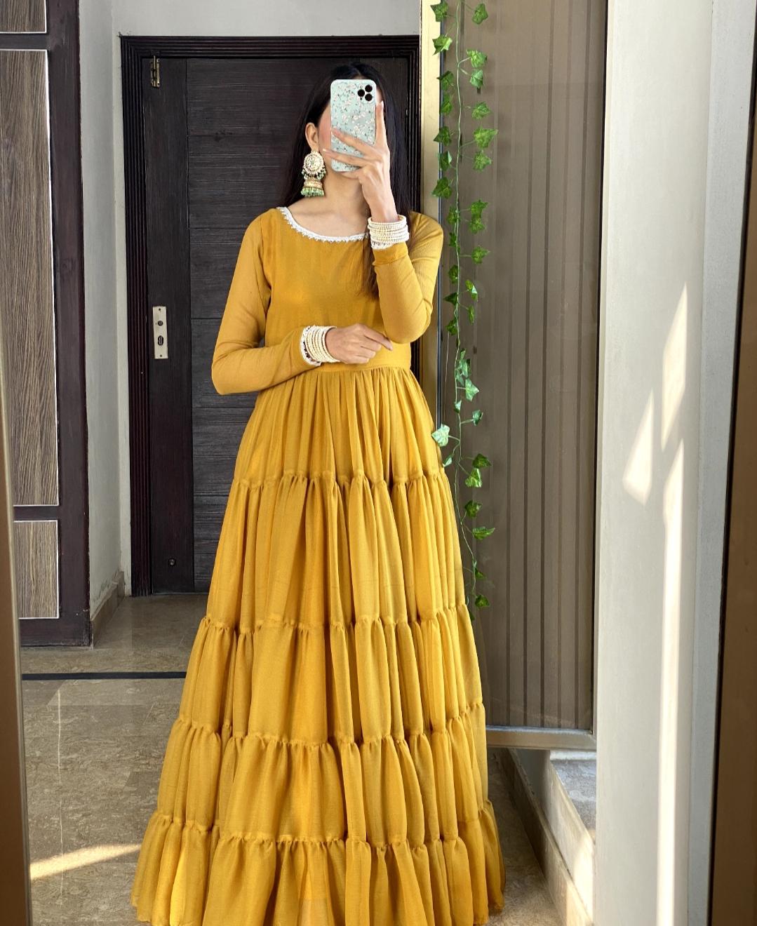 Leela Mustard Chiffon Layered Frock with Dupatta