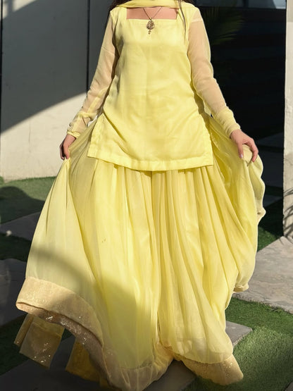 Crimson Grace – Lemon Chiffon 3 Piece Sharara Set