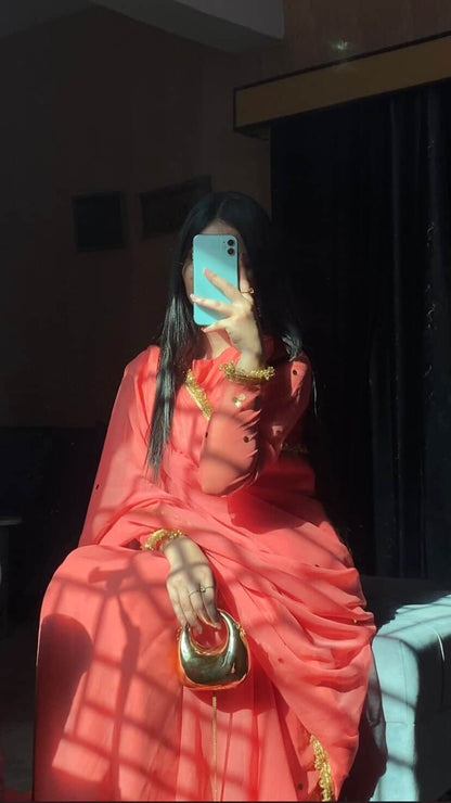 Rosabelle – Coral Pink Chiffon Saree with Golden Lace
