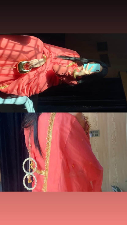 Rosabelle – Coral Pink Chiffon Saree with Golden Lace