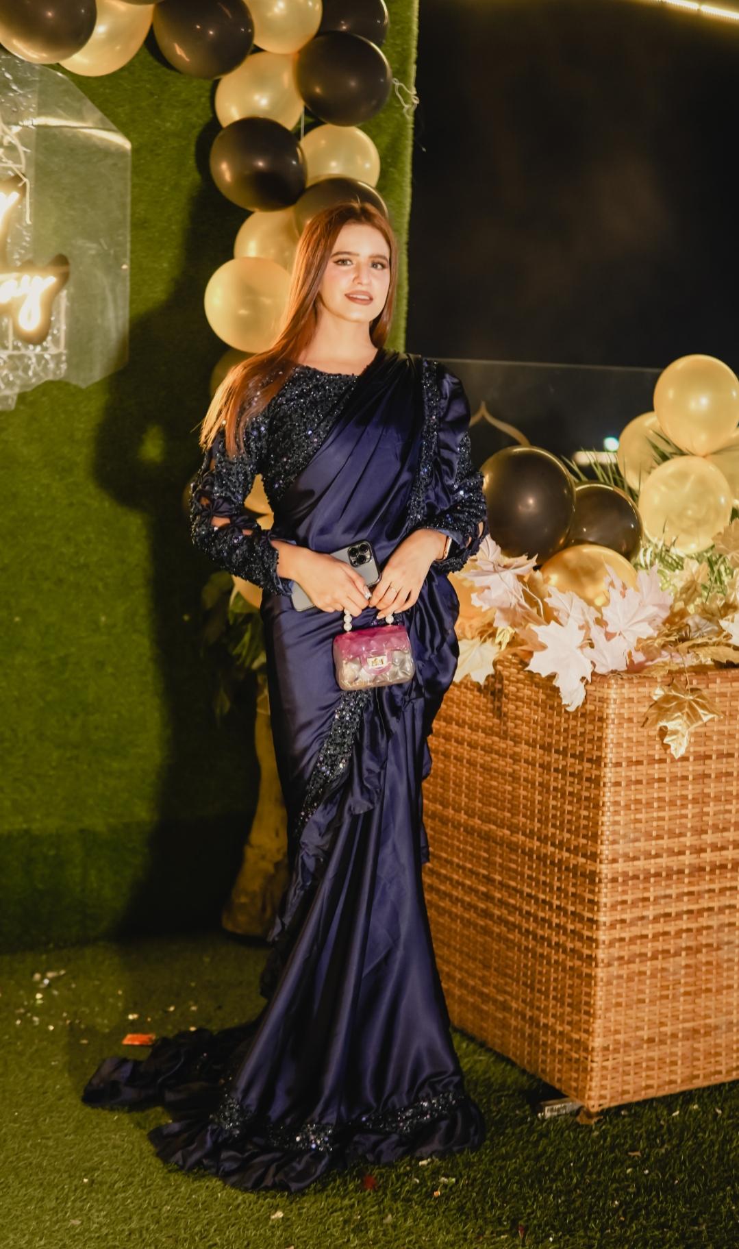 Moonlight Pro Navy Blue Silk Ruffle Saree with Sequin Blouse