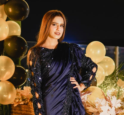 Moonlight Pro Navy Blue Silk Ruffle Saree with Sequin Blouse