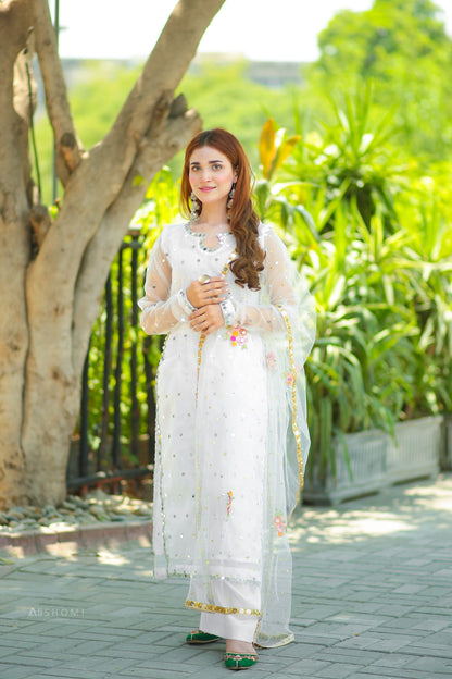 Cosmos White Organza 3 Piece Suit with Mirror Work