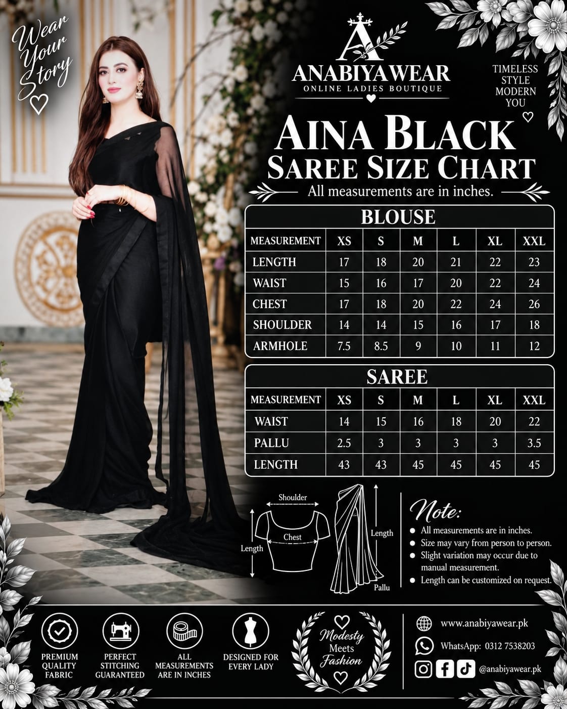 Aina Black Chiffon Saree with Long Pallu and Cutwork Blouse