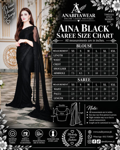 Aina Black Chiffon Saree with Long Pallu and Cutwork Blouse