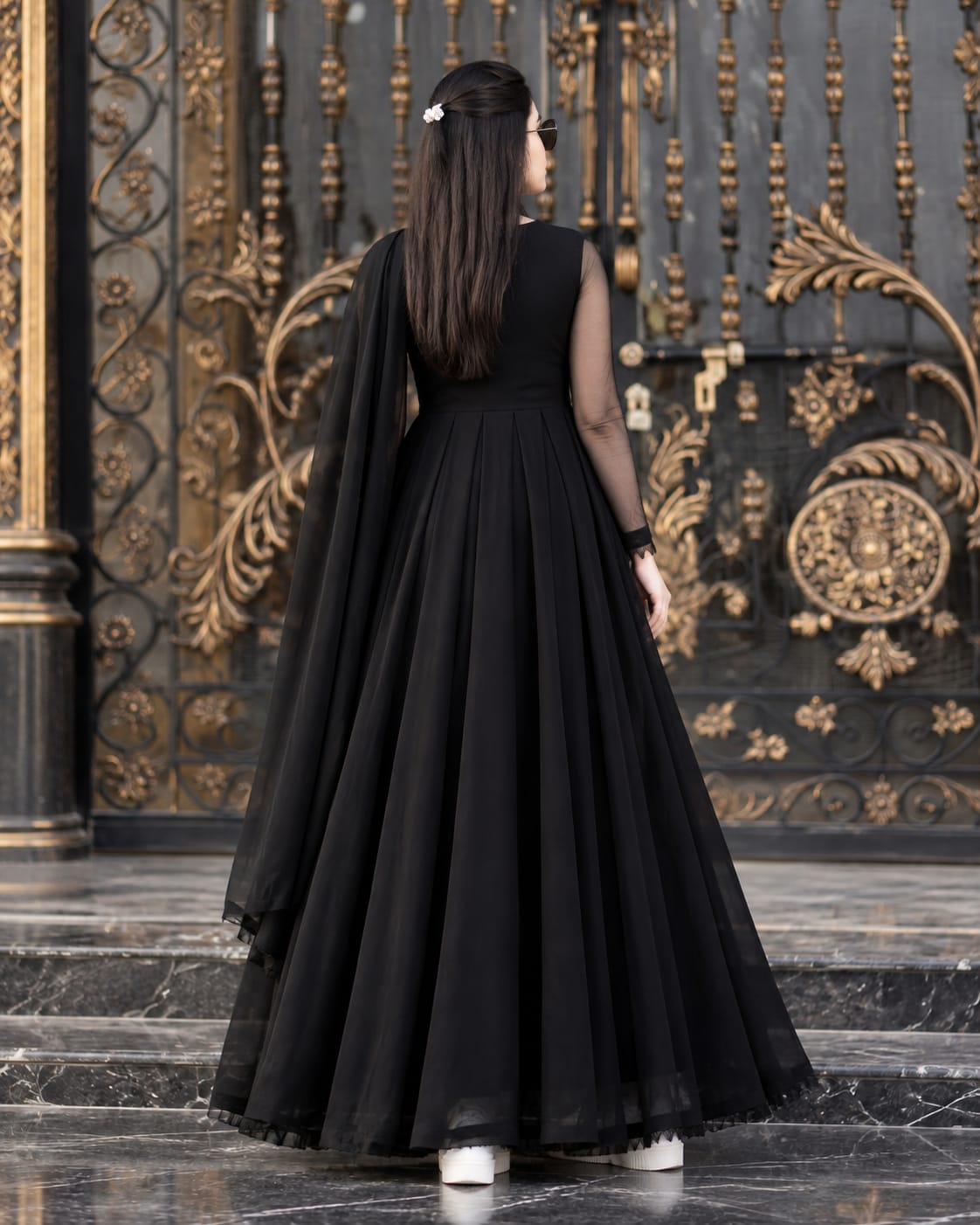 Anarkali Black Chiffon Box Pleat Frock with Dupatta