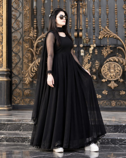 Anarkali Black Chiffon Box Pleat Frock with Dupatta