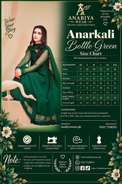 Anarkali Bottle Green Chiffon Frock with Dupatta