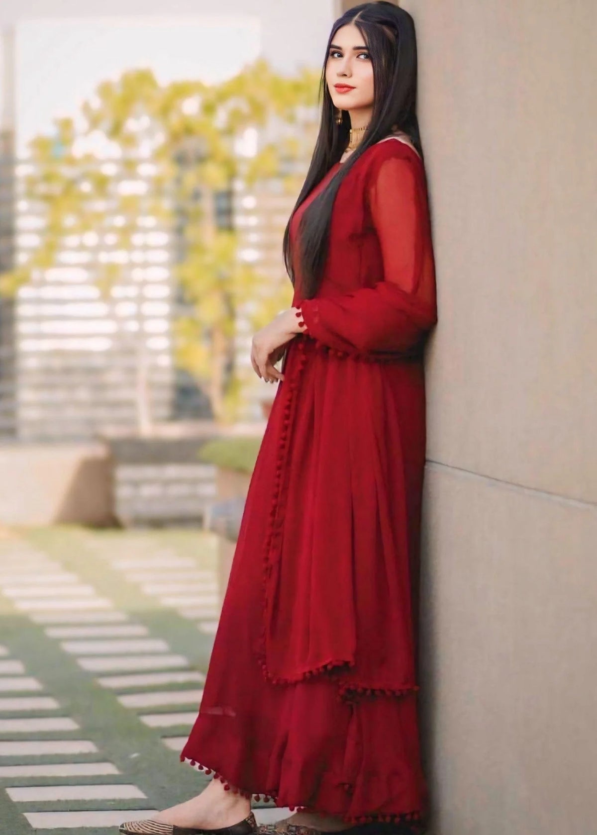 Anarkali Maroon Chiffon 2 Piece Frock with Bow Lace