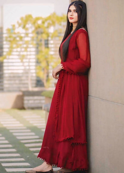 Anarkali Maroon Chiffon 2 Piece Frock with Bow Lace