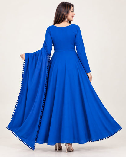 Anarkali Royal Blue Chiffon 2 Piece Frock with Bow Lace Detail