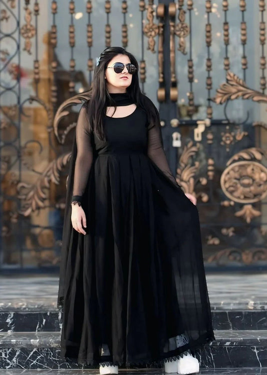 Anarkali Black Chiffon Box Pleat Frock with Dupatta