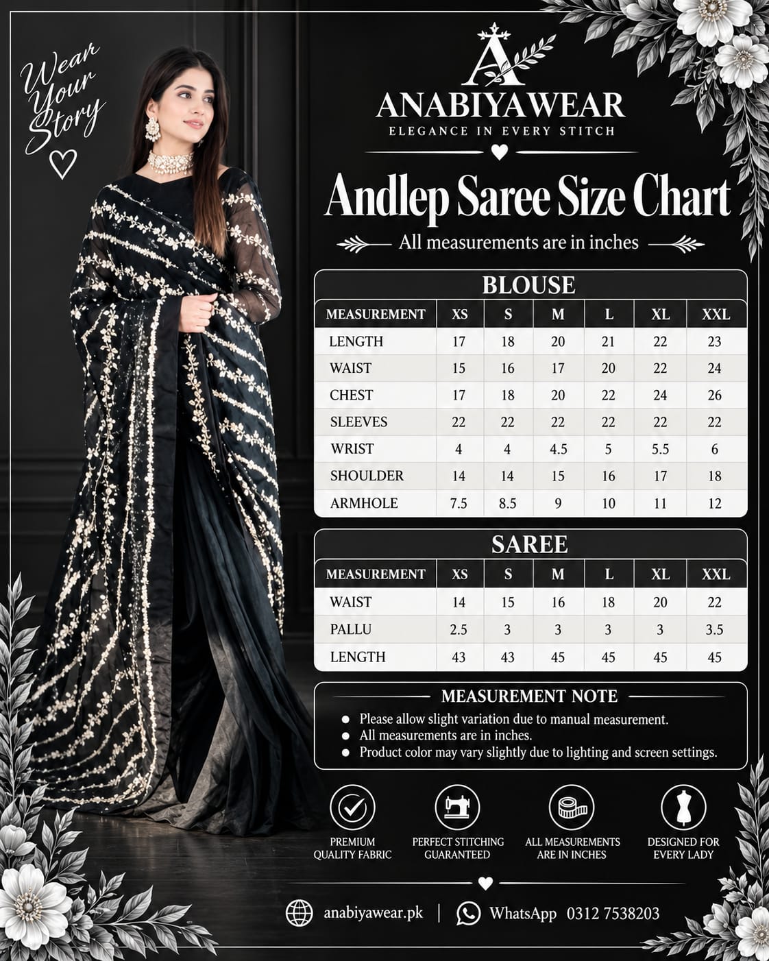 Andleep Black Organza Saree with Indian Tilla Embroidery