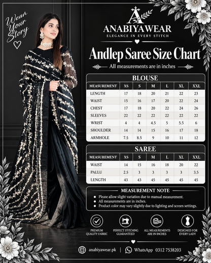 Andleep Black Organza Saree with Indian Tilla Embroidery