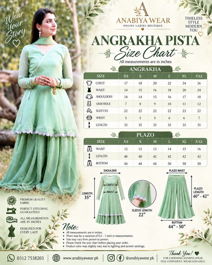 Angrakha Pista Pure Chiffon 3 Piece Frock Set with Plazo
