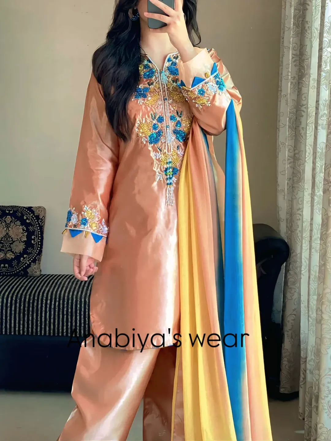 Aab-e-Noor apricot Katan silk 3 piece outfit with Farshi shalwar and multicolor chiffon dupatta
