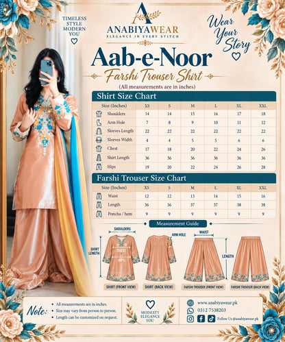 Aab-e-Noor shirt and Farshi shalwar size chart with detailed measurements by Anabiyawear