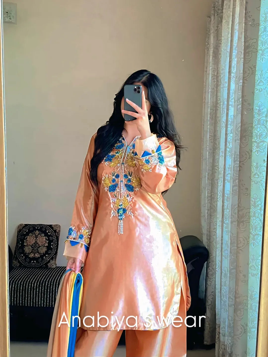 Aab-e-Noor peach Katan silk shirt featuring colorful cutdana, sequin, resham and pearl handwork