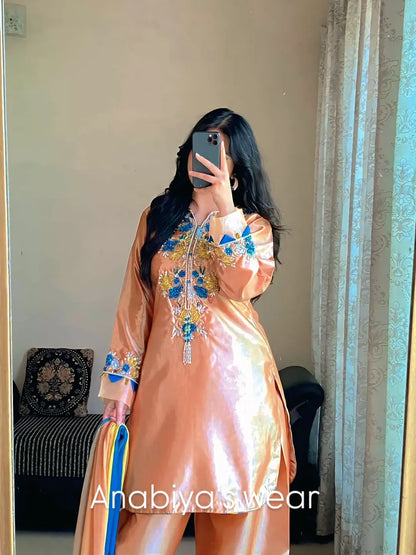 Aab-e-Noor peach Katan silk shirt featuring colorful cutdana, sequin, resham and pearl handwork