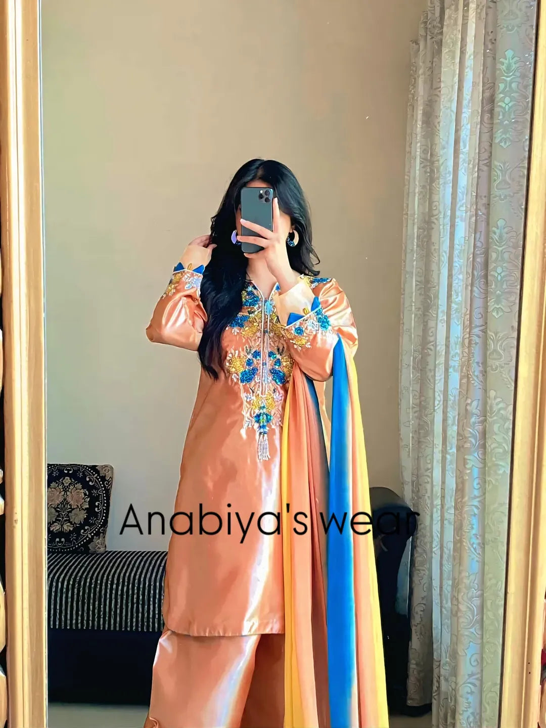 Aab-e-Noor Katan silk Farshi shalwar set styled with a three-shade pure chiffon dupatta